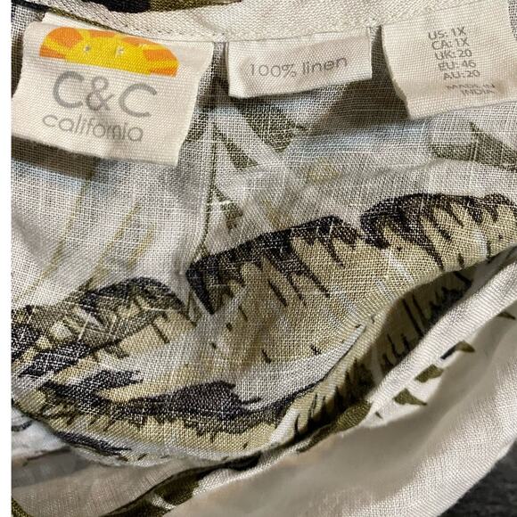 C&C California White Tropical Leaf Print Linen Short Sleeve Blouse Plus Size 1X - Picture 5 of 7